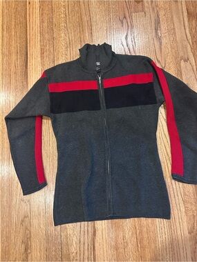 Women’s  Gray Zip-Up Sweater with Red & Black Stripes